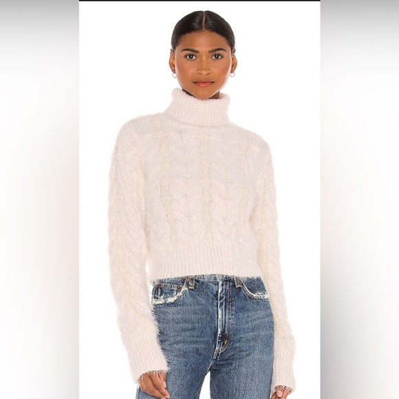 REVOLVE Sweaters - LPA Fuzzy Cream Cable Knit Turtleneck Sweater